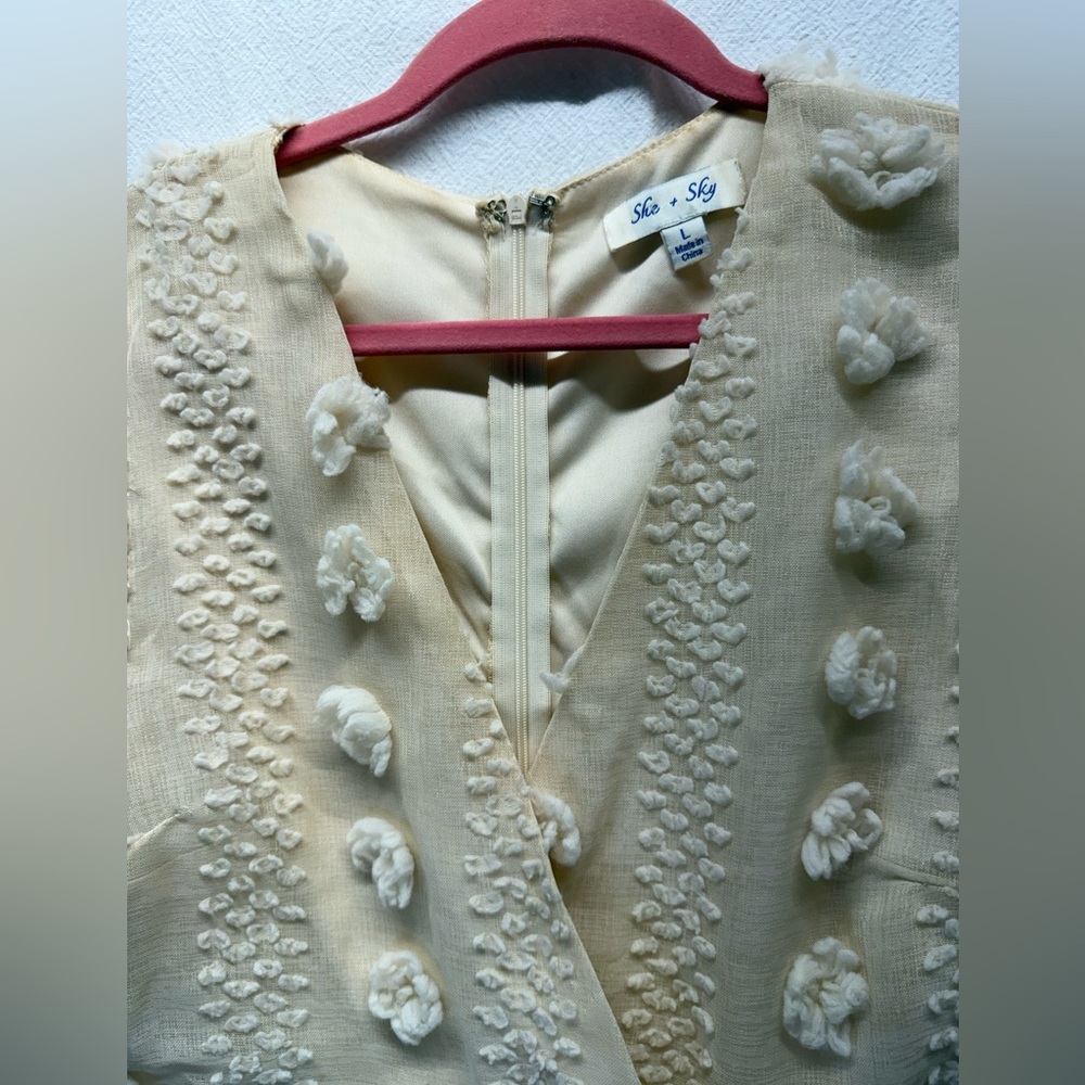 Whimsical Barbie Vibe Cottagecore Cream Textured 3D Pom-Pom Wrap Mini Dress Line - Picture 4 of 8